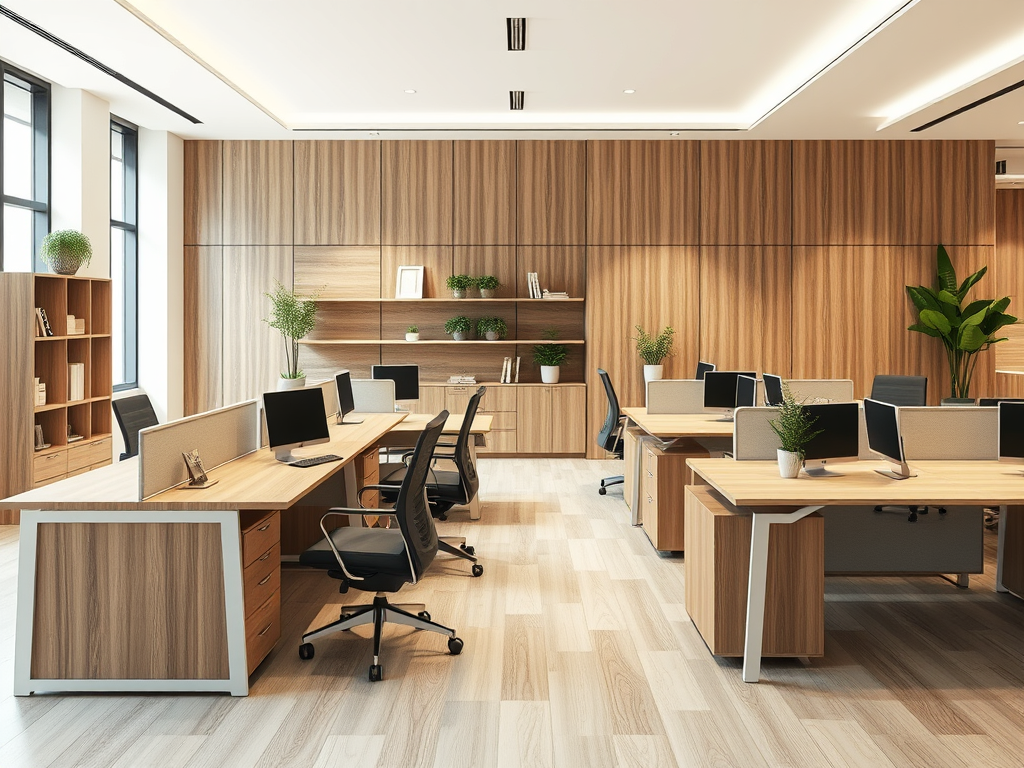 Un ufficio moderno e luminoso con scrivanie in legno, sedie ergonomiche e piante verdi, progettato per un ambiente di lavoro sostenibile e produttivo.