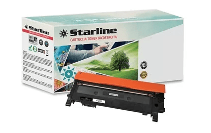 Immagine di una cartuccia di toner rigenerata Starline accanto alla sua confezione, evidenziando il risparmio e l'impatto ambientale positivo.