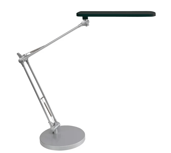 Lampada da scrivania moderna con braccio regolabile e base rotonda, design minimalista ed elegante.